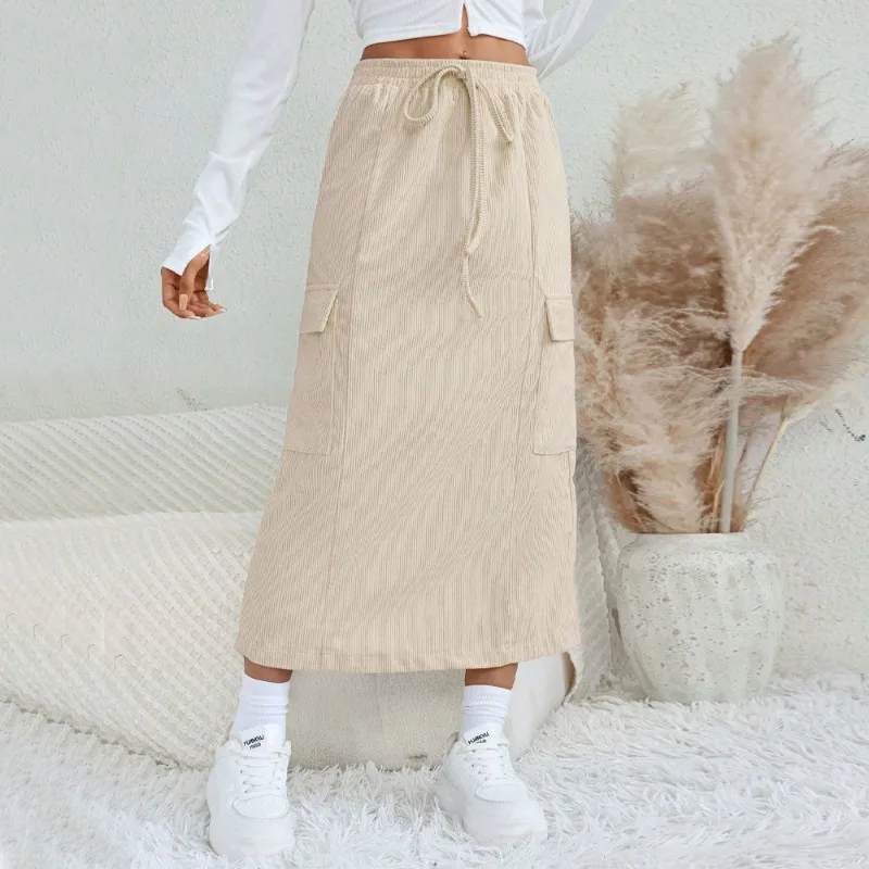 

Women'S Skirts 2024 Autumn/Winter Loose Casual Straight Tube Slit High Wasit Long Skirt Drawstring Cargo with Pockets Faldas