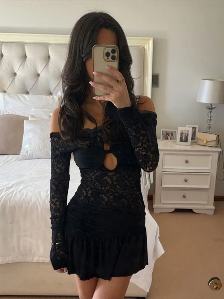 

New Sexy Dresses Woman Lace Hollow Vestidos One-shoulder Dress Temperament Slim One Line Neck See Through Lace Solid Color Slim