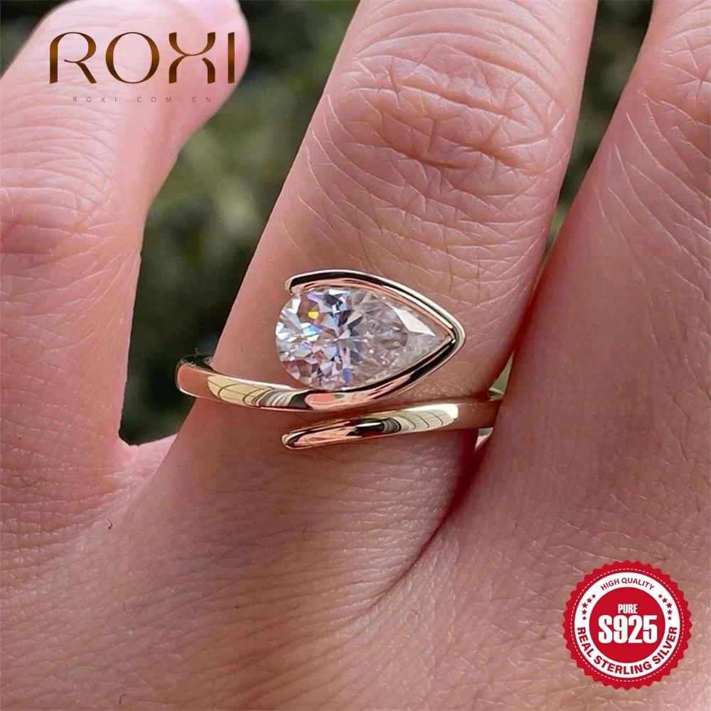 

ROXI 925 Sterling Silver Luxurious Water Drop Large Zircon Open Ring For Woman High Quality Engagement Jewelry Accesories