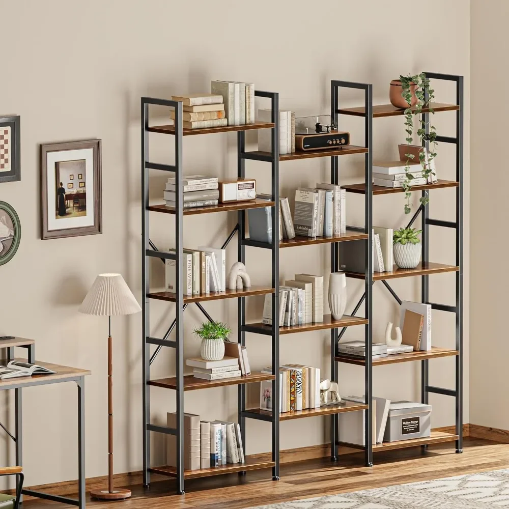 Triple 5 Tier Bookshelf, Bookcase with 14 Open Display Shelves, Wide Bookshelf Bookcase for Home & Office, Black