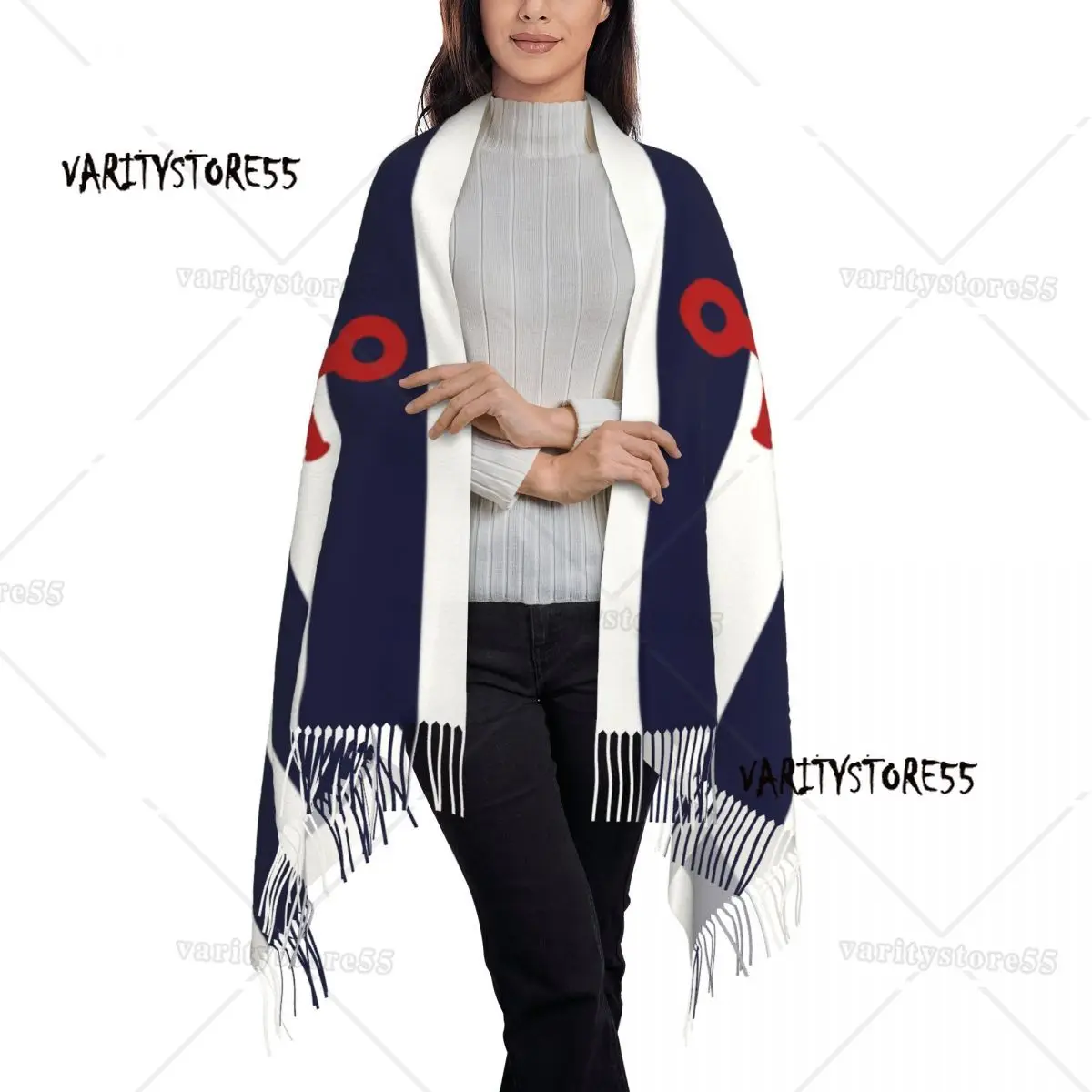 Sciarpa di nappa nautica di lusso donna inverno caldo scialle Wrap Lady Red Anchor On Navy Blue Stripes sciarpe