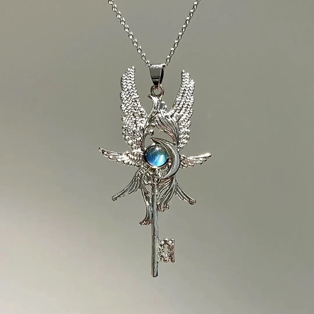 Retro Persönlichkeits-Engel-Flügel-Halskette mit blauem Mondstein-Anhänger für Herren und Damen – Schmuck-Accessoires und Geschenke