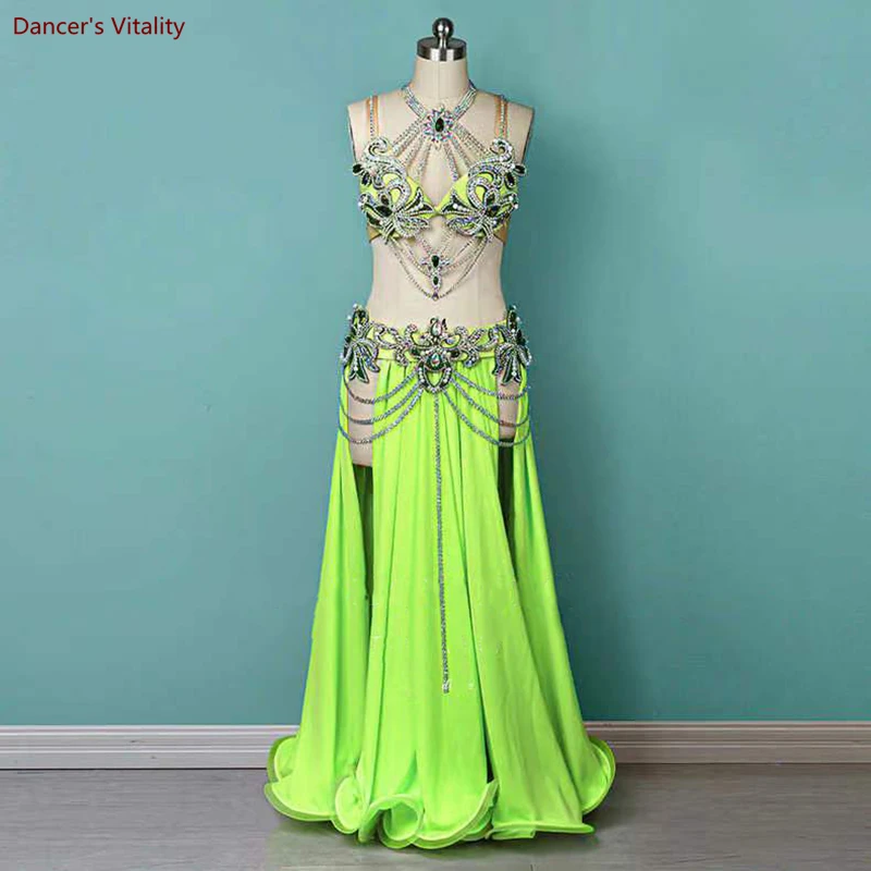 

Belly Dance Performance Clothes Women Seniore AB Stones Bra+sexy Split Long Skirt Belly Dancing Suit Customization Oriental Suit