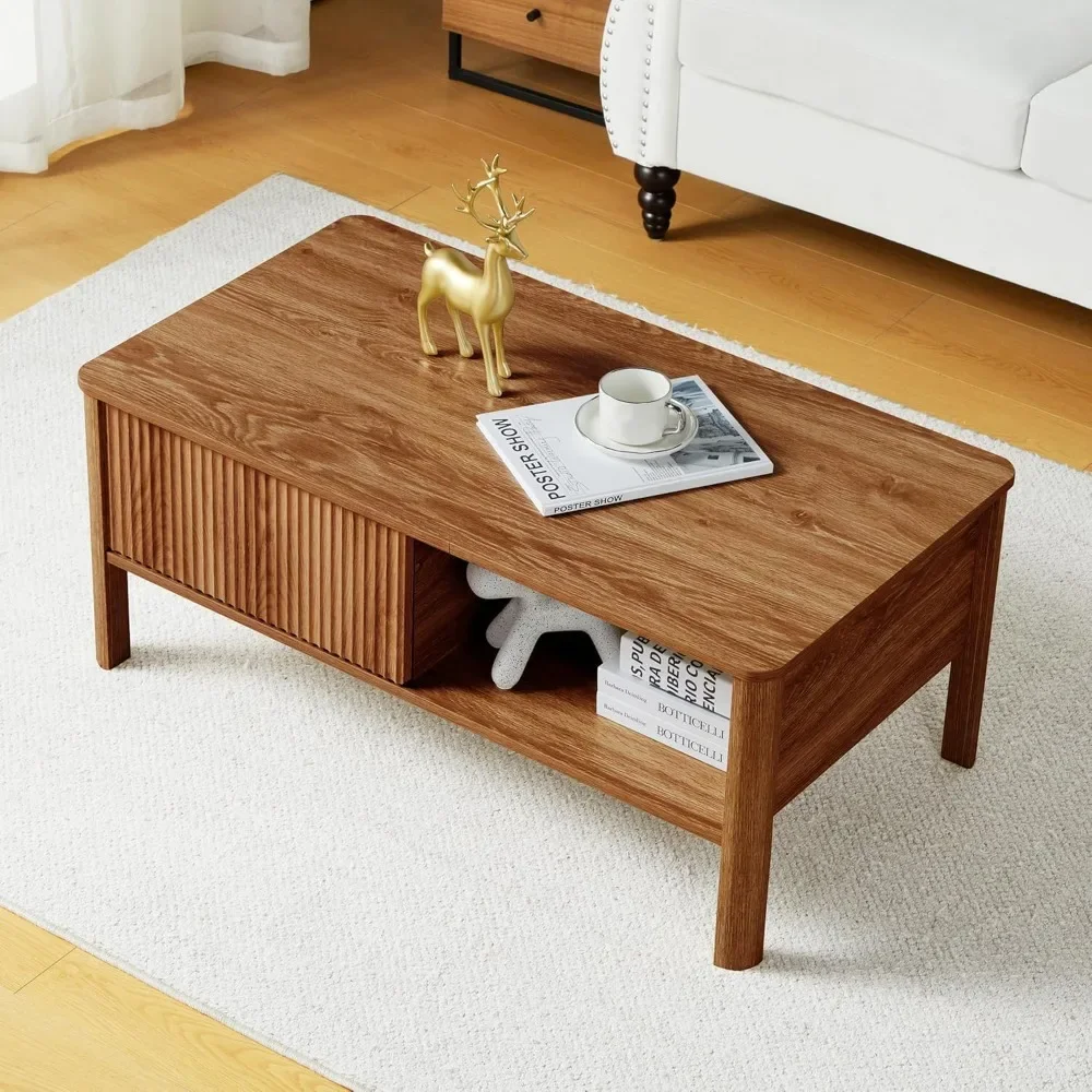 

Mid-Century Modern Rectangular Wood Coffee Table with Dual Storage Shelf, Storage Center Coffee Tables with Waveform Panel Slidi