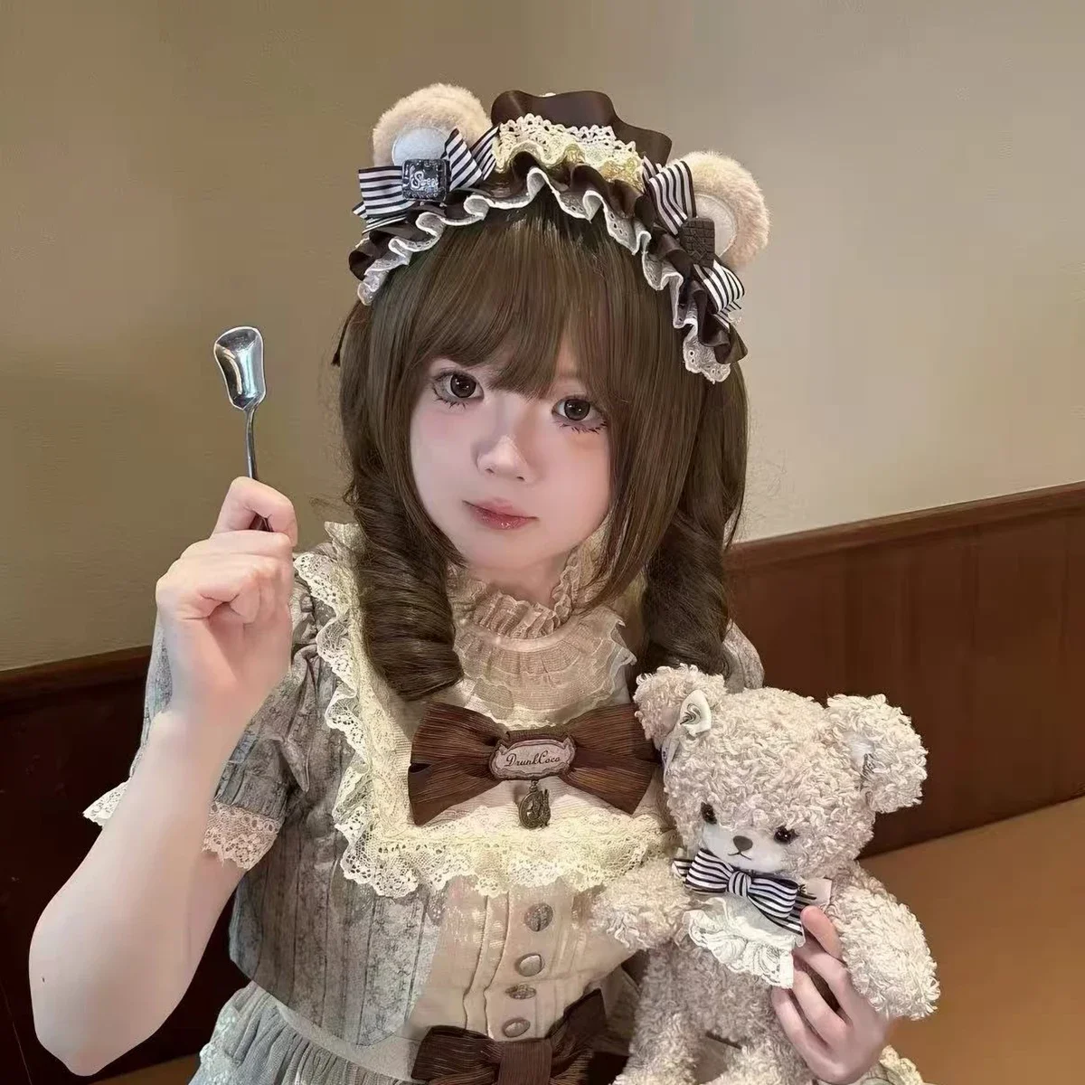Cute Bear Ear Lolita Headband, Sweet Bow Headdress, Plush Bear Ears Hair Accessory for Lolita Tea Party Cosplay