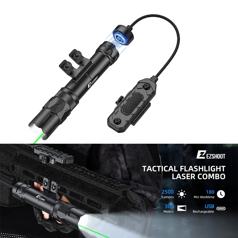 

Фонарь EZshoot 2500 люмен с зеленым лазерным целеуказателем, перезаряжаемый, с магнитным дистанционным выключателем для крепления на планку M-типа, для охоты