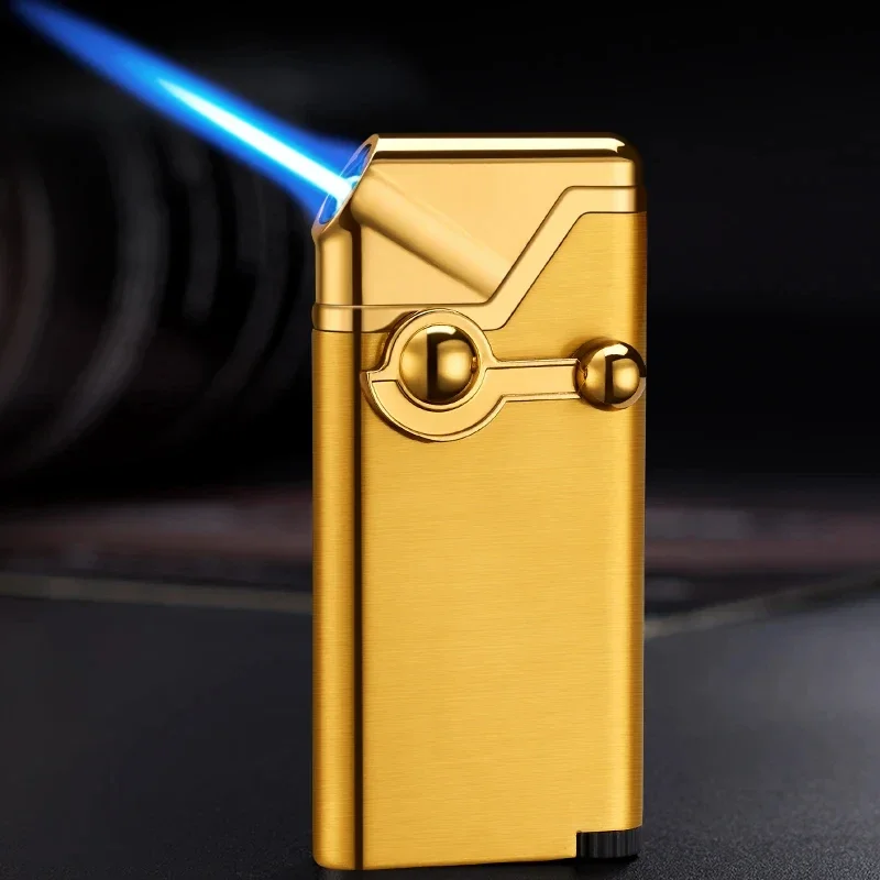 Thin Rocker Oblique Fire Windproof Metal Pipe Lighter Cigarette Cigar Butane Gas Blue Flame Direct Injection Lighter Men\'s Gift