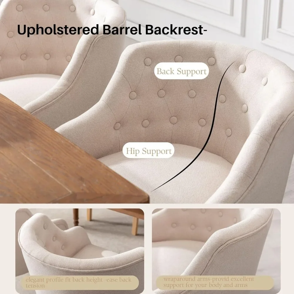 Set Kursi Makan 4 Buah Berlapis Linen dengan Sandaran Berumbai Gaya Farmhouse, Kursi Dapur dengan Sandaran Tangan Kayu Rotan untuk Ruang Makan