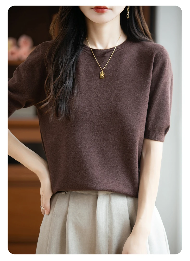 First-Line Ready-To-Wear Sweater Women's 100 Pure Wool Knitted Short-Sleeved T-Shirt Round Neck Thin Sweater Loose Half-Sleeve