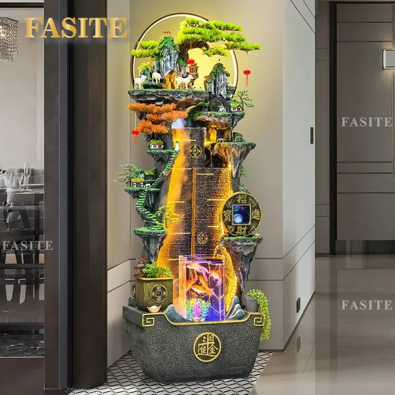 Large Floor Standing Rockery Water Fountain with Rotating Ball and Water Wheel for Indoor Outdoor Garden Balcony Feng Shui