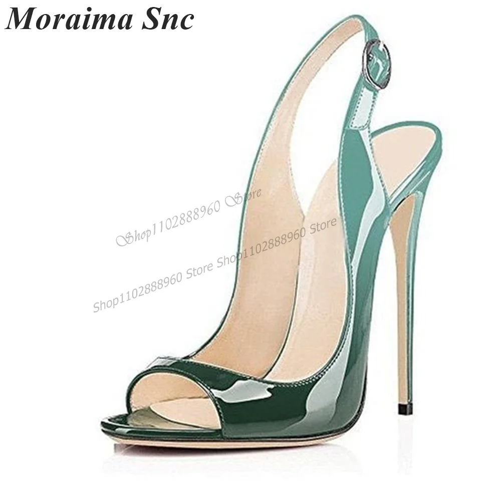 Gradient Color Patent Leather Graceful Shallow Sandals Thin High Heel Women Shoes Back Strap Peep Toe 2023 Zapatos Para Mujere