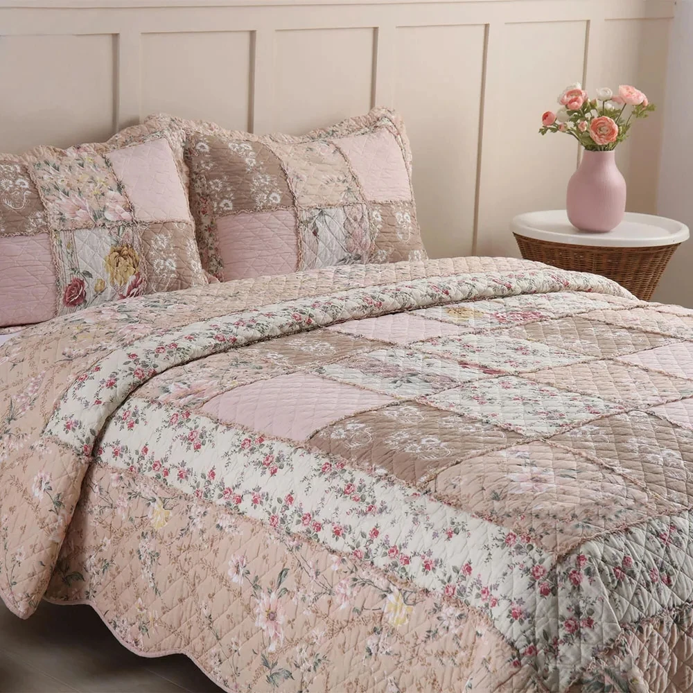 Komplet Kołdry Bawełnianej w Kwiaty 3-częściowy Ręcznie Robiony Patchwork Narzuta na Łóżko Queen King Size Letnia Pikowana Kołdra Narzuta na Łóżko