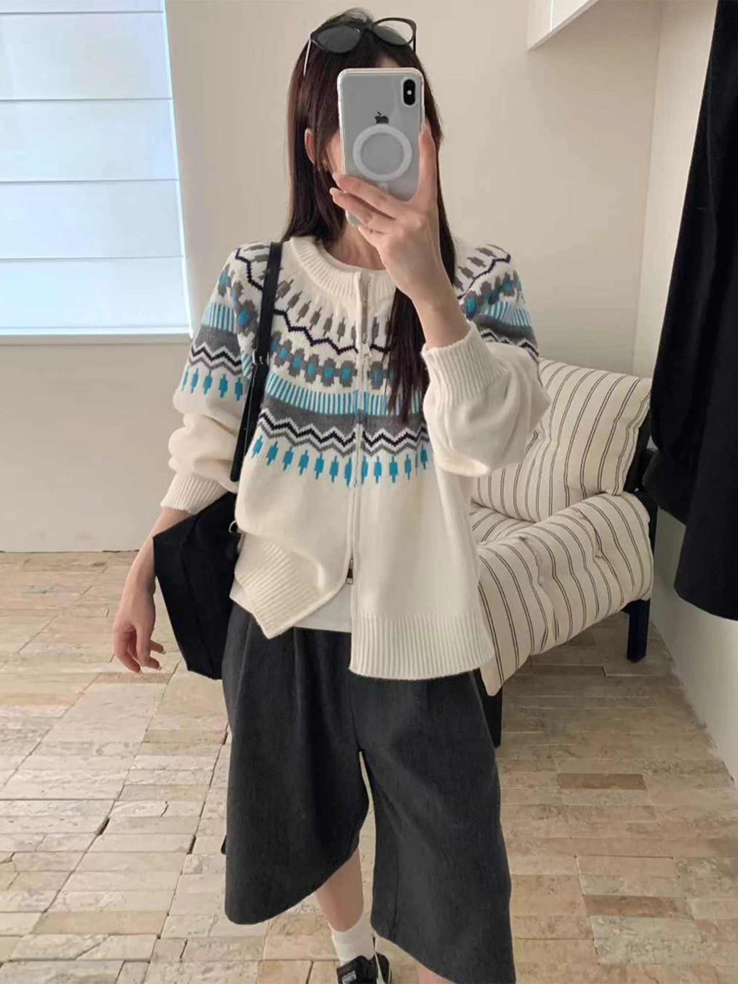 Nordic Sle Fair Isle Farbe Blo Stricken Pullover Mantel frauen Lose Weiche Winter Neue Ankunft Lange Sve runde Ne Zipper verschluss