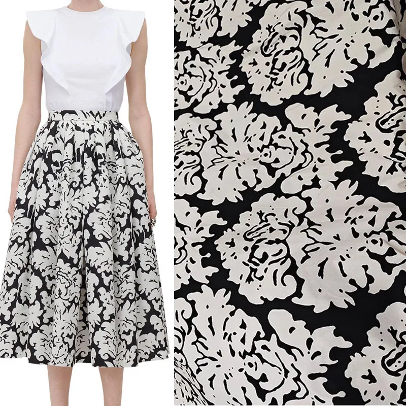 New Europe and America Fashion Black and White Flower Printed Cotton Fabric For Women Summer Dress Blouse DIY Cloth Sewing