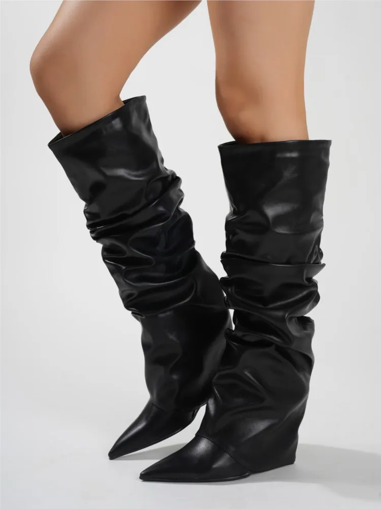 Bottes hautes plissées en cuir noir pour femmes, chaussures à semelles compensées, Sexy, à bout pointu, hauteur du genou