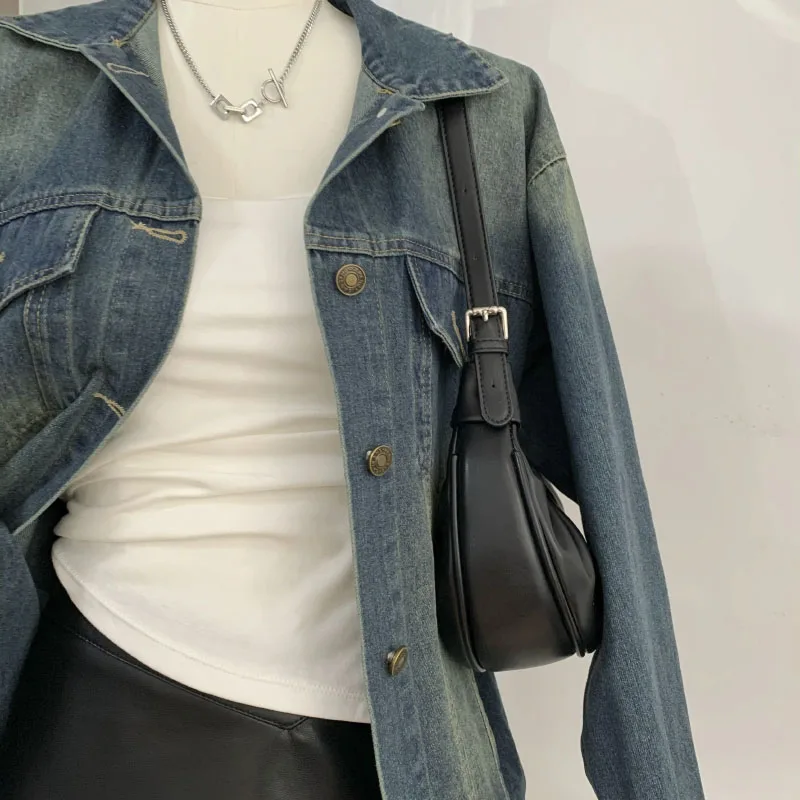 Women's Blue Old Denim Jacket Women's Chic Boyfriend Style Fashion Long-sleeved Jacket For Women