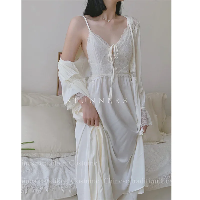 Weibliche Sexy Hosenträger Nachthemd Elegante Palace Stil Robe Anzug Lange Kimono Bademantel Anzug Dessous Weiche Rayon Hause Dressing Kleid