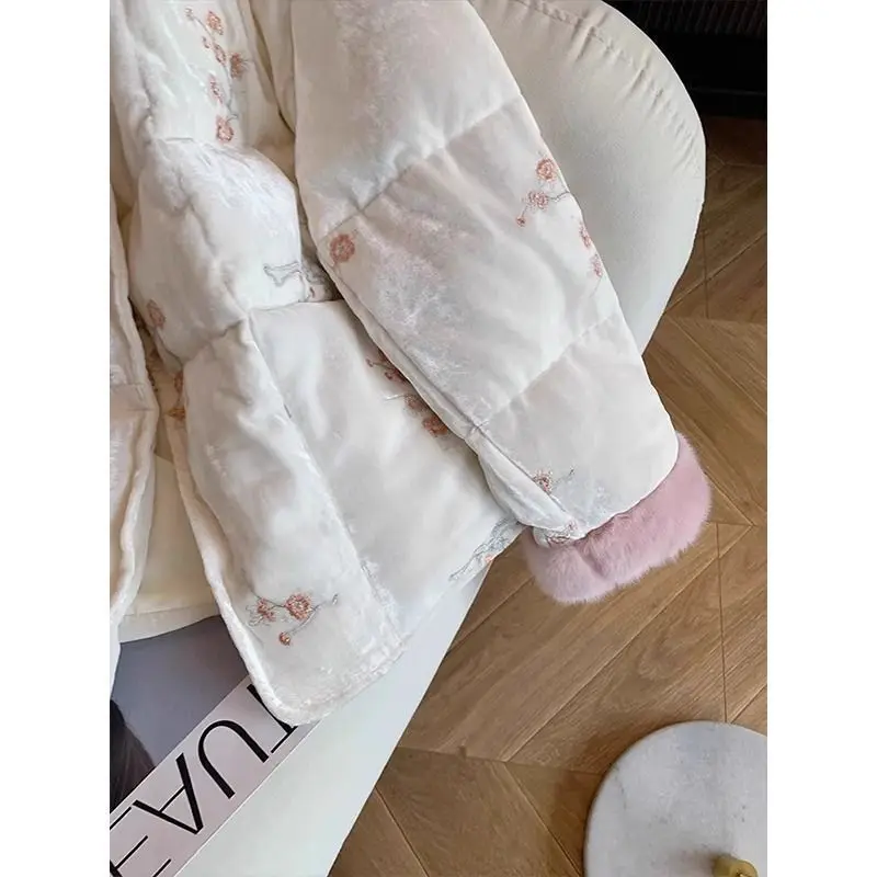 

Korejpaa Winter Coat Women Parkas Mujer Round Neck 2025 New Fashion Retro Embroidery Jackets Warm Top Outwear Sweet Tops