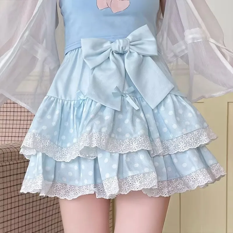 تنورة كلاسيكية على طراز هاراجوكو لوليتا تنورة نسائية كاواي منقط بفيونكة من الدانتيل تنورة وردية على الطراز القوطي تنانير تلميذة حلوة Y2k