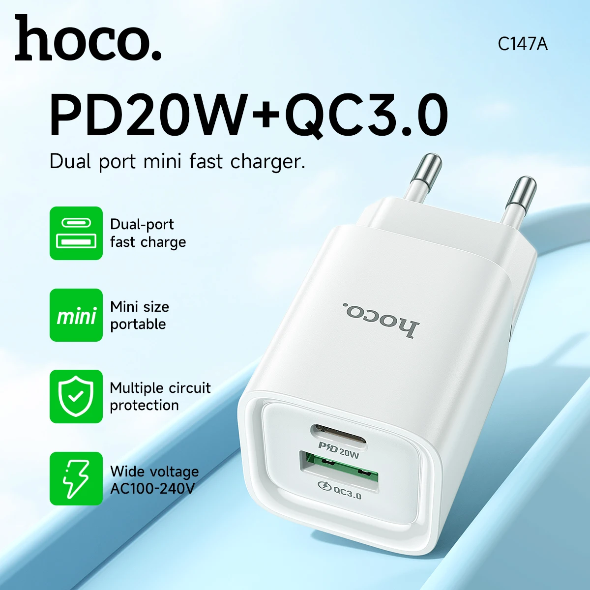 

HOCO EU Plug PD20W USB C Fast Charging Charger For iPhone 16 17 Pro Max QC3.0 USB A Wall Travel Adapter For Samsung S21 S22 S23