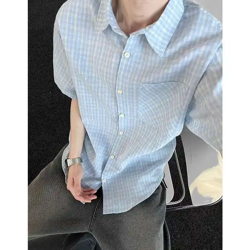 Summer Short Sleeved Shirt Men Casual Shirt Man Streetwear Korean Loose Checkered Shirt Mens Fashion Shirts Large Size 5XL