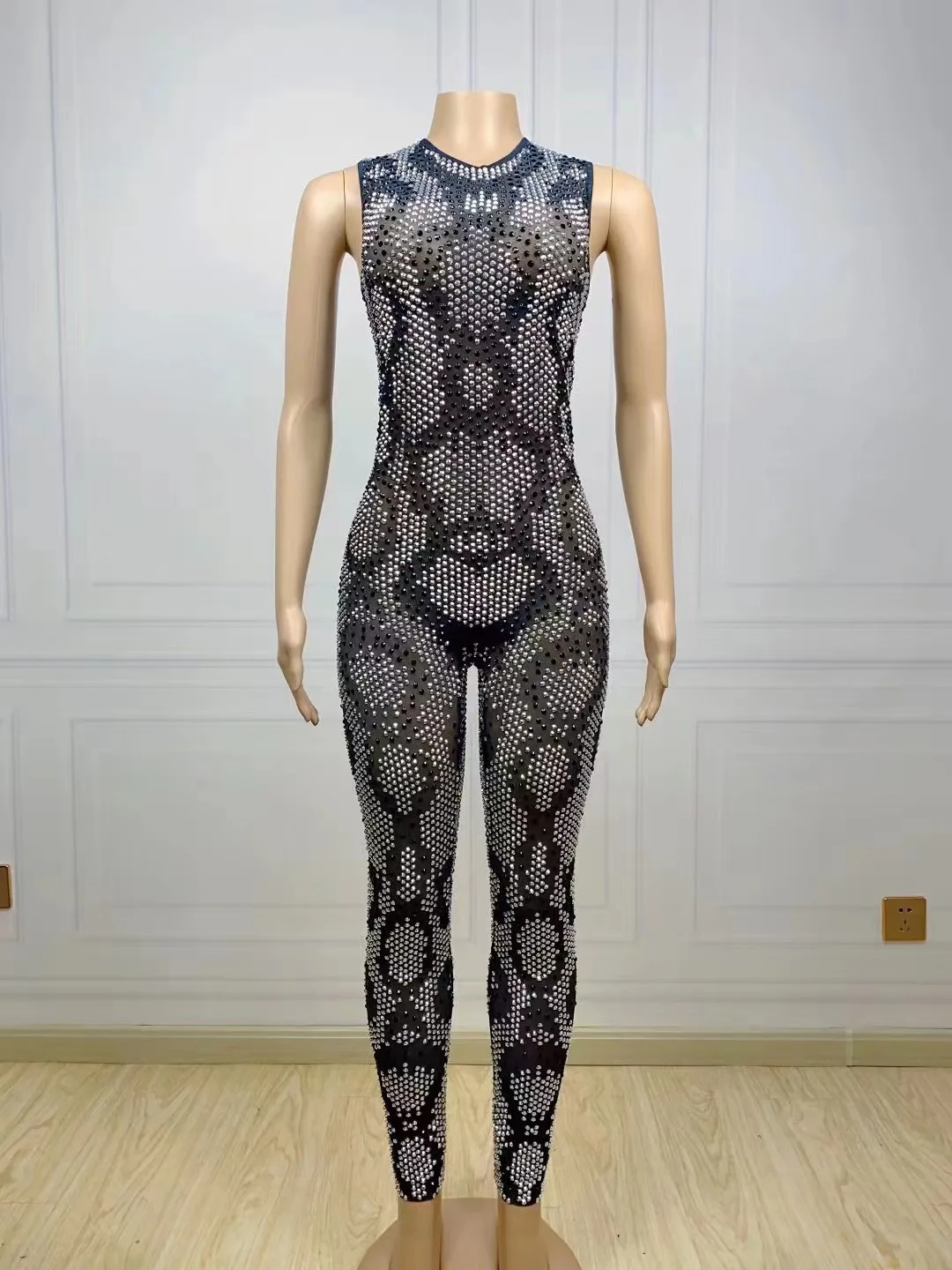 Snake Pattern Design Stunning Stretch Mesh Women Full Rhinestone Jumpsuits Sheer Sexy Drag Queen Outfit Stage Performance Wear
