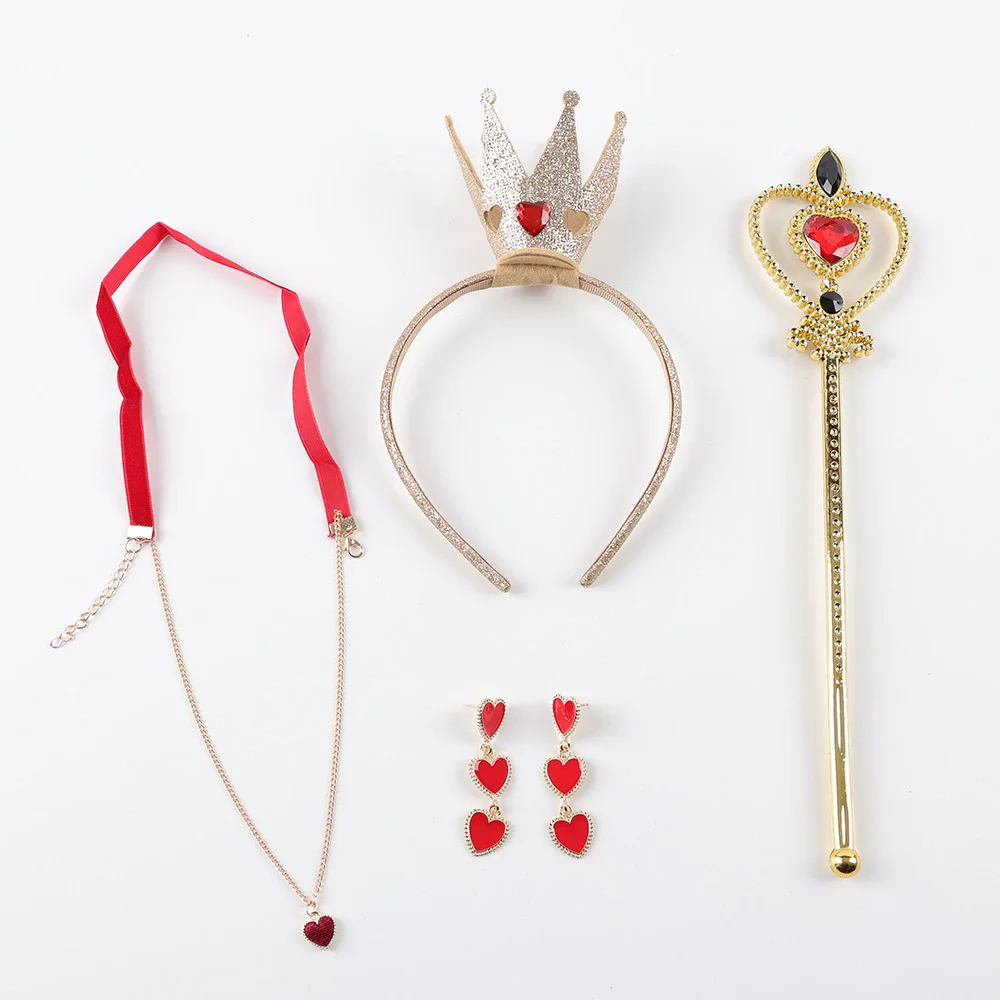 Herzen-Königin-Kostüm, rotes Königinnen-Kostüm, Accessoires: Krone, Stirnband, Zauberstab, Halskette, Socken, Herzring, Ohrringe, Halloween – Detail 4