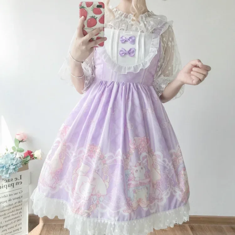 Japanese Summer Women Skirt Lolita DressJsk Sweet Straped Dresses Female Girls Lace Ruffle Cat Loli Kawaii Carnival Party