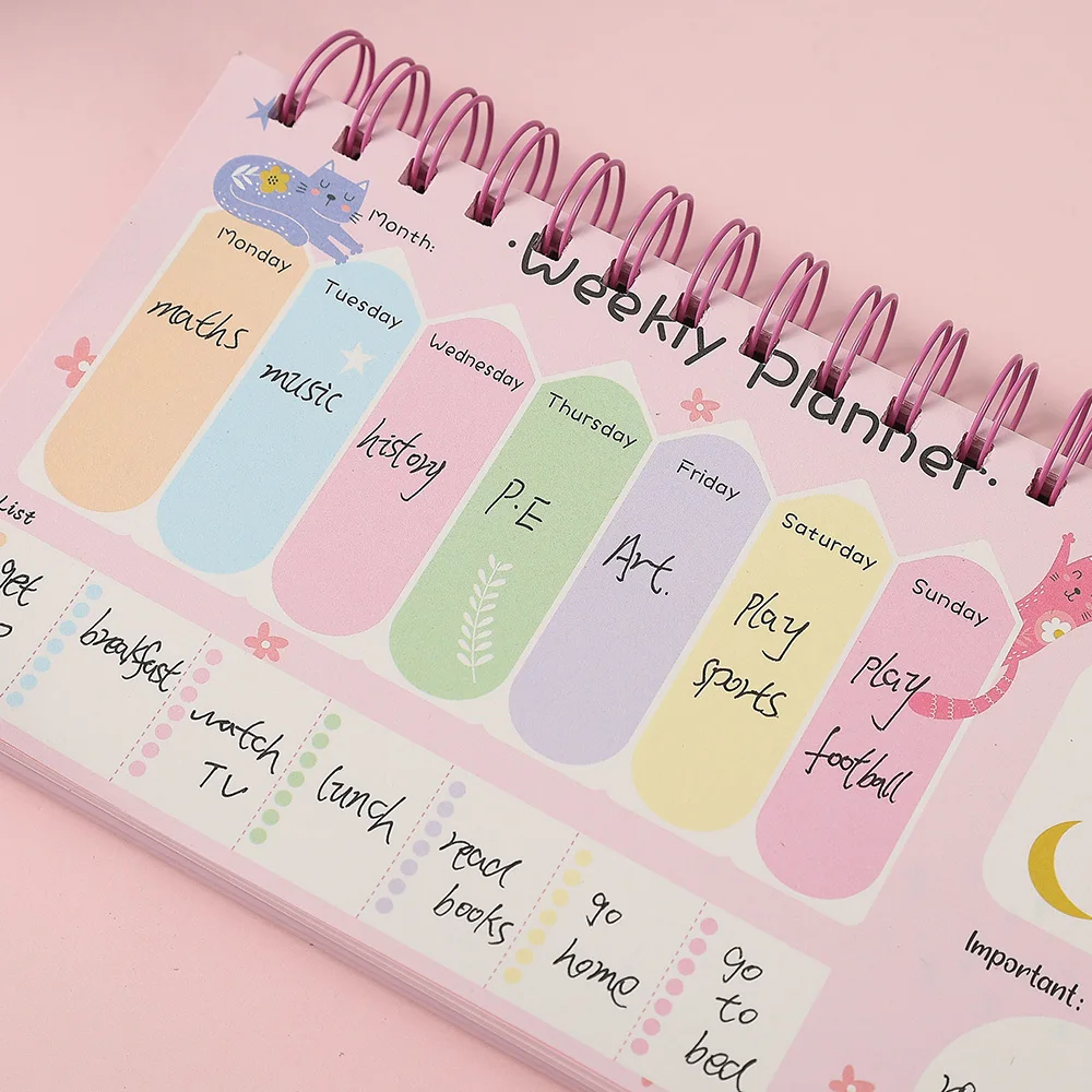 Cute Cat Weekly Planner Desk Calendar 52 Weeks with To-Do List Notes Important Reminders Spiral-Bound Organizer for Students