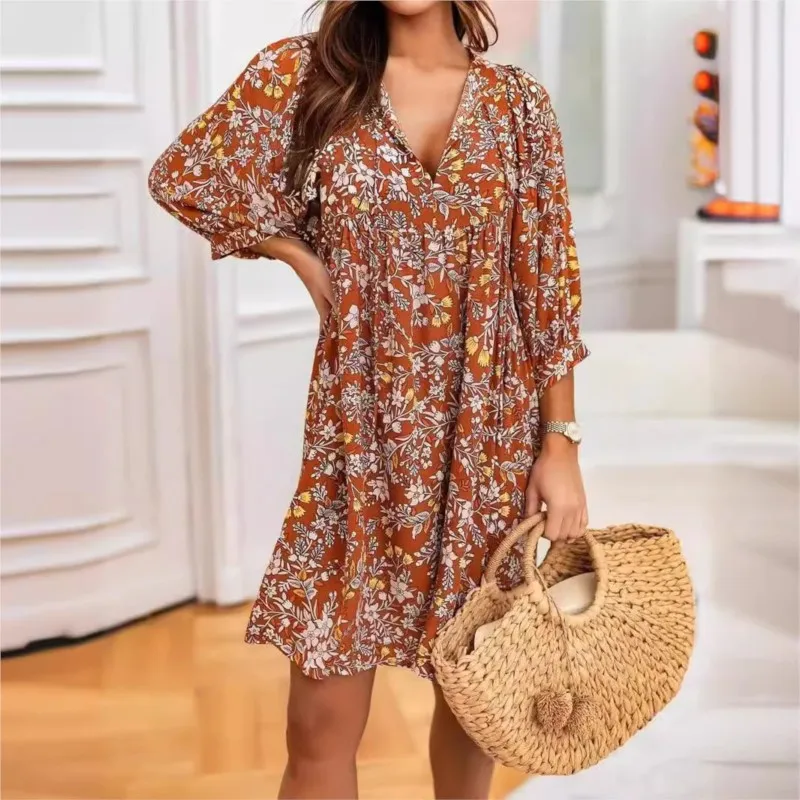 

Women Vintage Floral Print V Neck Dress Spring Autumn Three-Quarters Sleeve Elegant Ladies Sexy Elastic Waist Slim Dress Vestido