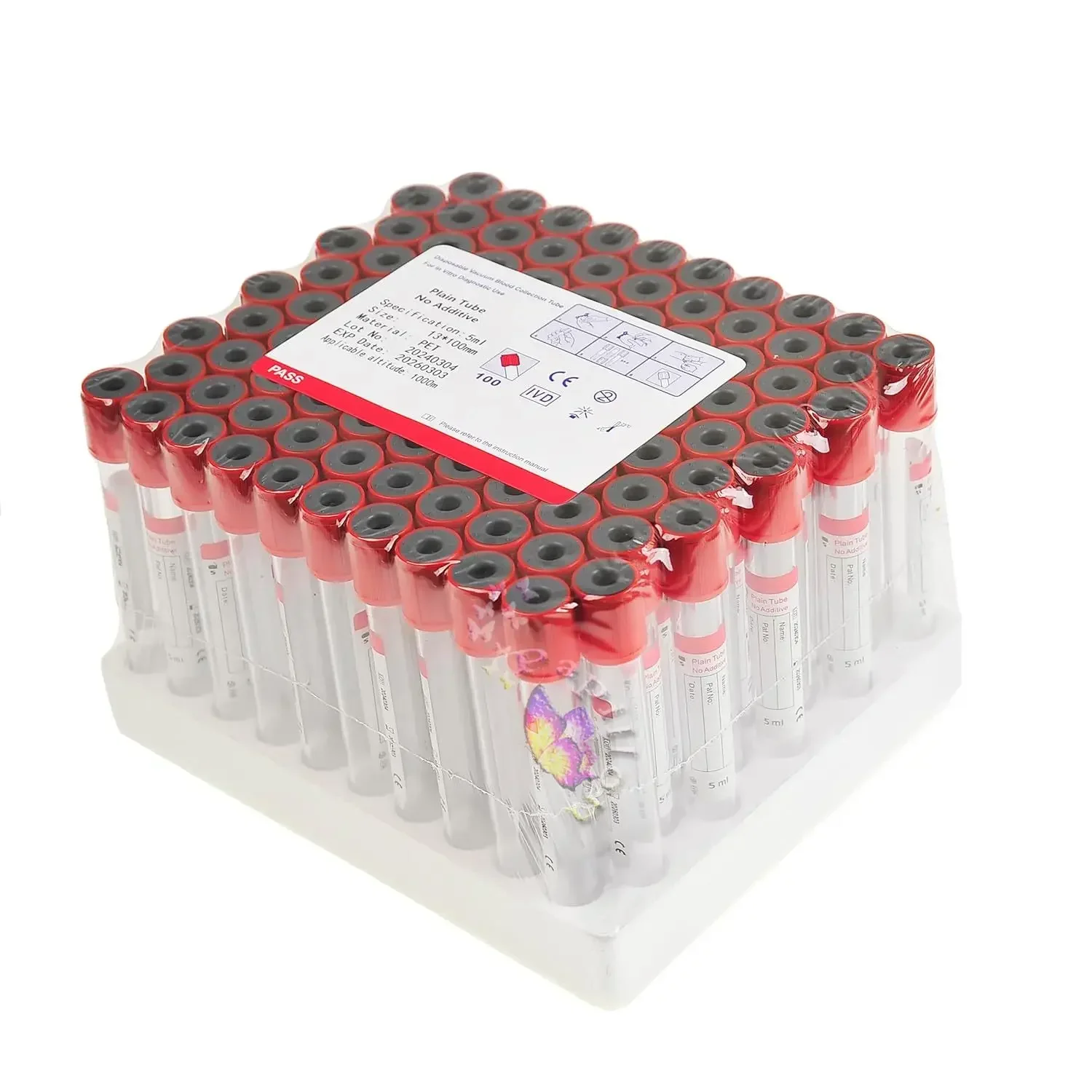 Vacuum Blood Collection  No Additives Tube Lab Consumables 100pcs Veterinary 3ml/5ml/10ml Plain Tube Sterile Blood Test Tubes