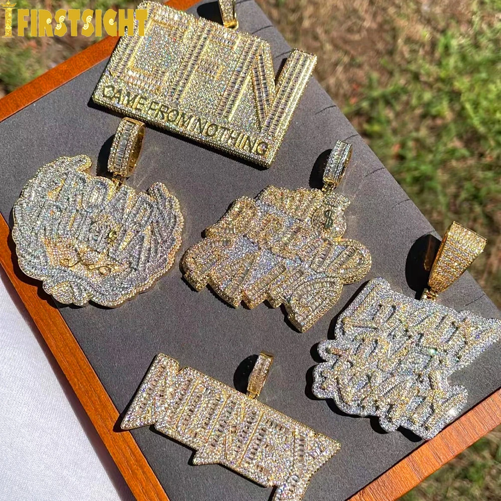 New Iced Out Bling CZ Letter Cross Pendant Necklace Various Design 5A Zircon Two Tone Color Badge Charm Men\'s Hip Hop Jewelry