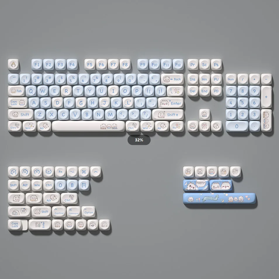 Little Meow MOA Height Keycap MAC Cute Meow Meow Square Sublimation White and Blue Cat Theme Full Set of Keyboard Caps