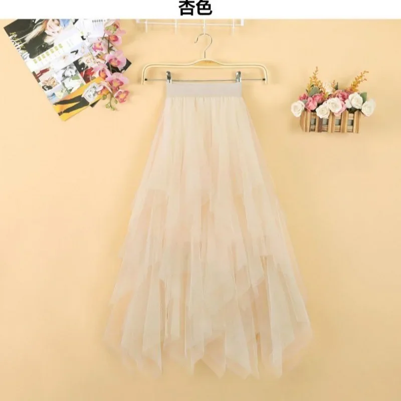 Women Gauze Irregular Skirt Female Students Korean Fairy Pleated Skirt  Long Gauze Skirts Tulle Ladies  A-line Voile Dance Dress