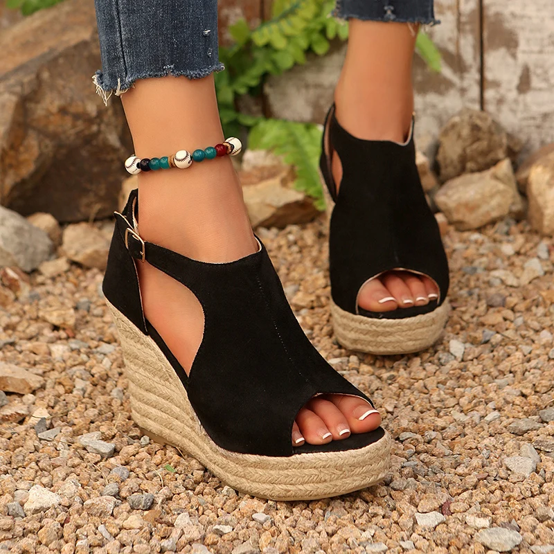 

Vintage Cover Heel High Heel Sandals for Women Fashion Flock Open Toe Sandal Woman Plus Size Anckle Strap Wedge Sandalias Mujer