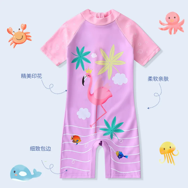 Children\'s Short-Sleeved Cartoon Swimwear, Beach Sunscreen Swimsuits, Baby Boys and Girls, One-Piece