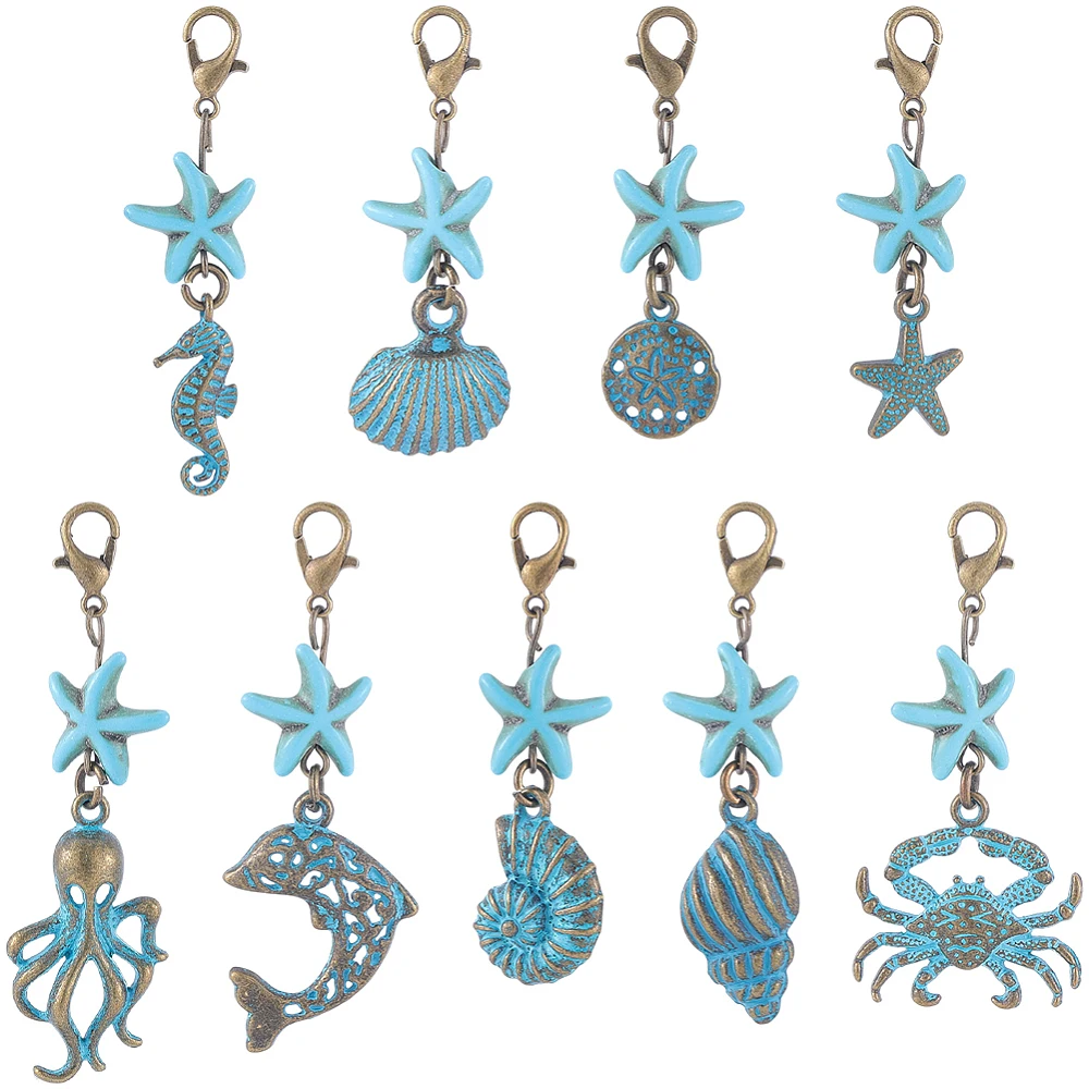 27Pcs 9 Styles Sea Animal Charms Bronze Turquoise Color Alloy Lobster Claw Clasps Pendant Set Ocean Theme Vintage Summer Charm