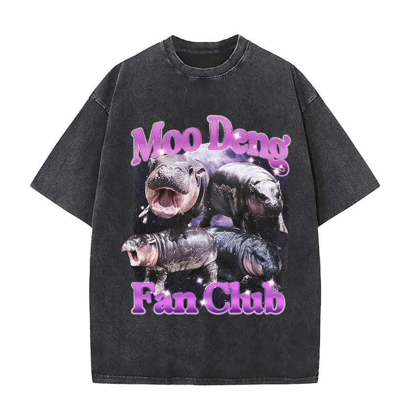 Moo Deng Hold on I\'m Overstimulated Funny Meme T Shirt Baby Hippo Vintage Washed Men Women T-shirts Y2k Gothic Clothing T-shirt