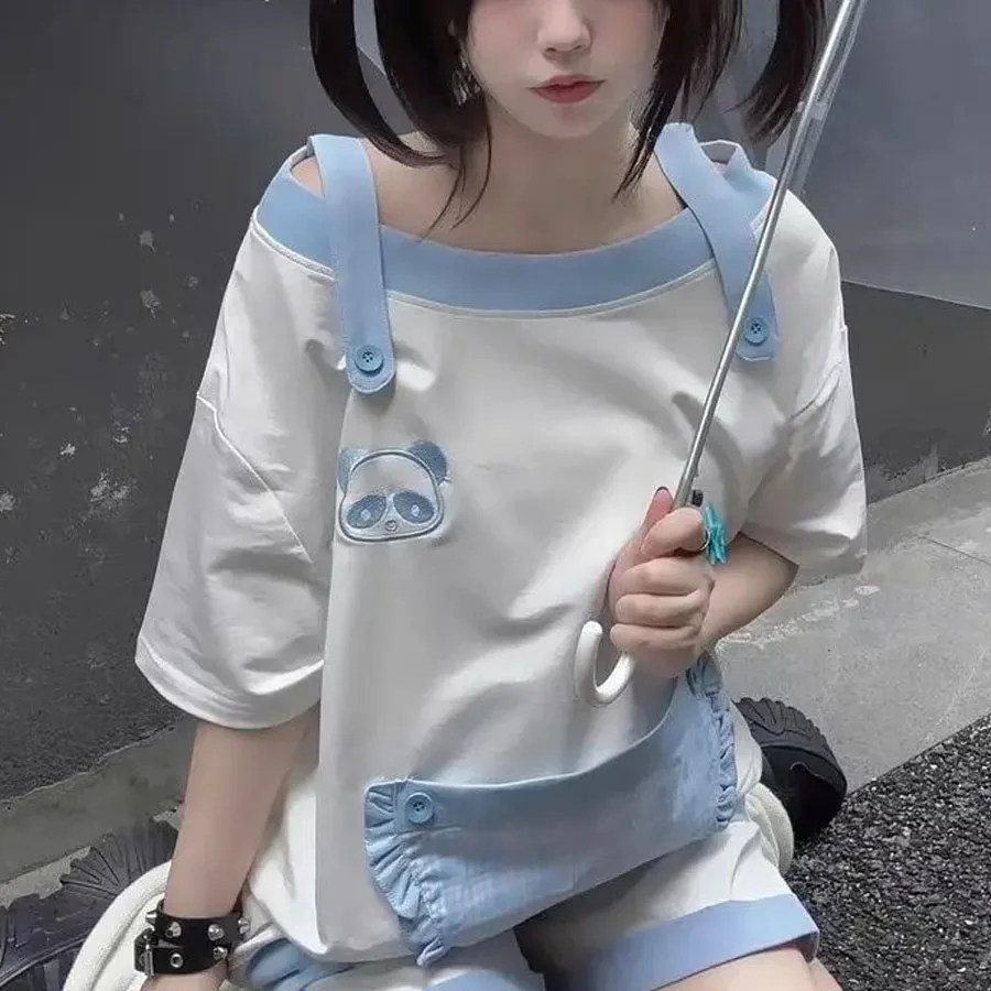 

Японские шикарные летние футболки с вышивкой и короткими рукавами, милая футболка для женщин, топы Y2k, 2025 Ropa Mujer, повседневные футболки с открытыми плечами