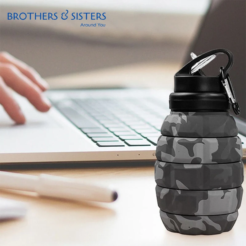 Silicone Grenade shaped water bottle 580ml retractable and foldable high temperature food grade silicone sports water bottle