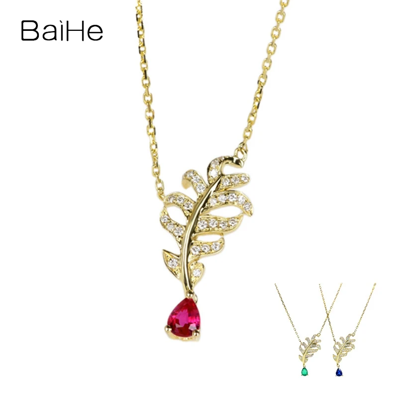 

BAIHE Solid 18K Yellow Gold 0.10ct H/SI Natural Diamond Feather Necklace Clavicle Chain Women Trendy Fine Jewelry Collar plumas