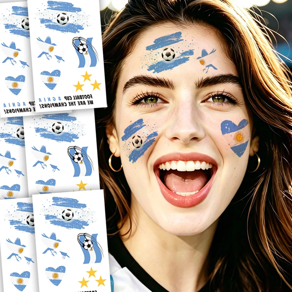 6 Sheets Argentina Football Temporary Tattoos, Sports Event National Flag Tattoos, Soccer Fans Game Day Face Arms Decor Stickers - view 2
