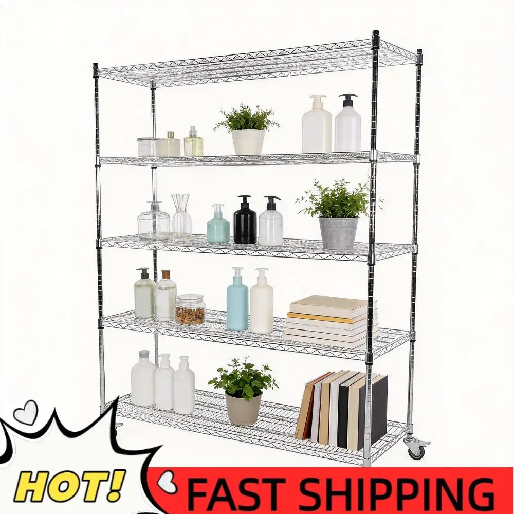 

5-Tier Stainless Steel Adjustable Metal Shelving Rack with Wheels Adjustable Metal Shelving for Restaurant Garage Pantry Kitchen