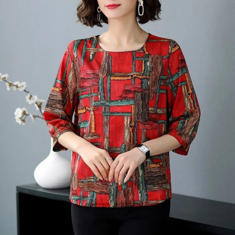 Summer Women's 2024 New Retro Pullover O-Neck Patchwork Print Geometric Fashion Ice Silk Loose Versatile Half Sleeve Shirts Top