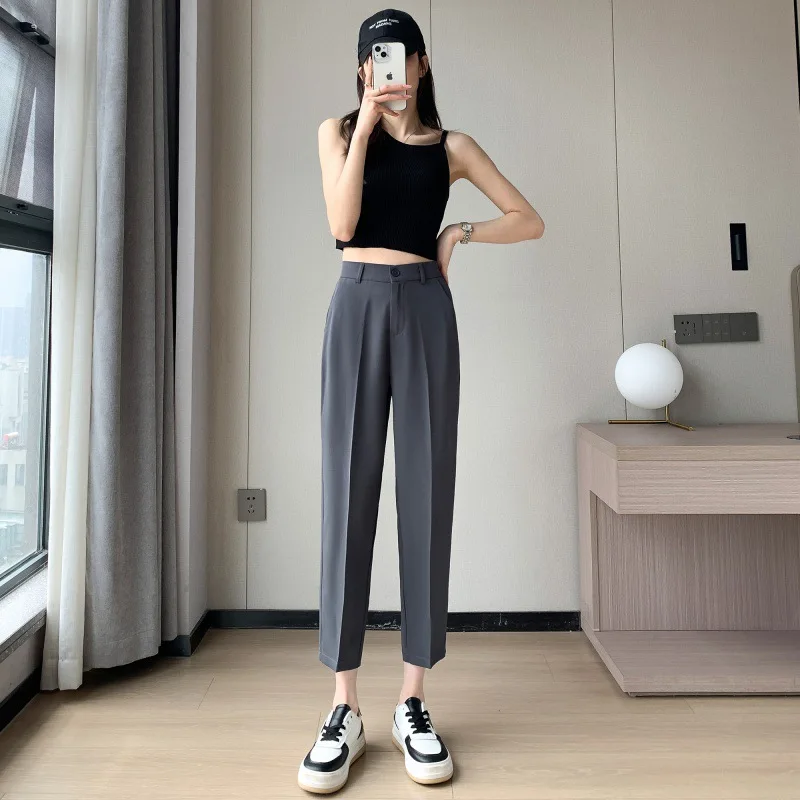 

Ice Silk Suit Pants Summer New Thin Straight Leg Loose High Waist Nine-Point Casual Pants Cigarette Pants Women