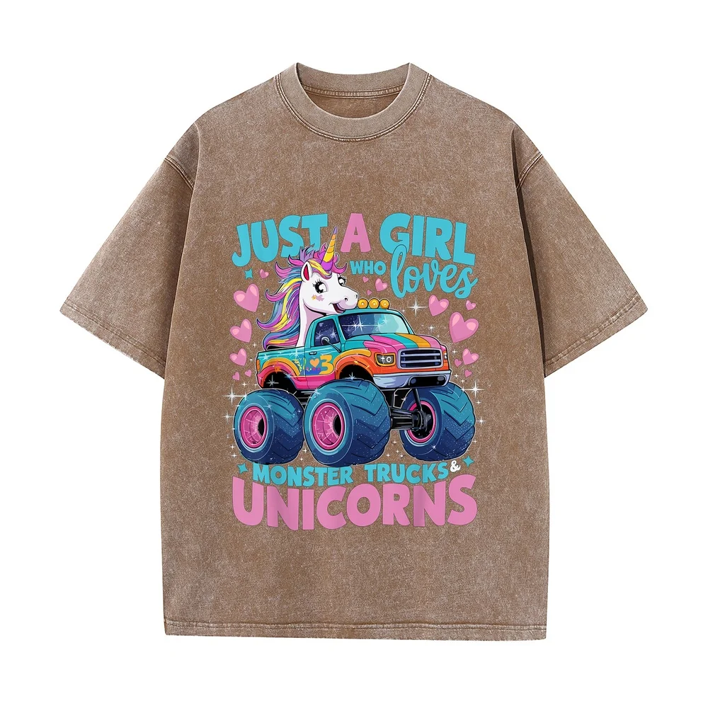 Just a Girl Who Loves Monster Trucks and Unicorns T-Shirt חולצות Camisetas Hombre Blue Short Sleeve Tee Cotton T Shirt Casual