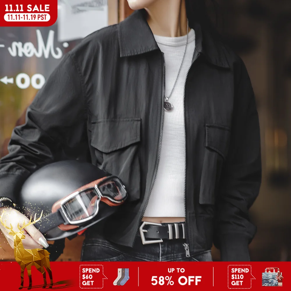 Maden 女性用黒のフライトジャケット ショート丈の襟付きバイカージャケット カジュアルプリーツジャケット 春秋用のレトロな長袖トップス シワになりにくいモーターサイクルジャケット