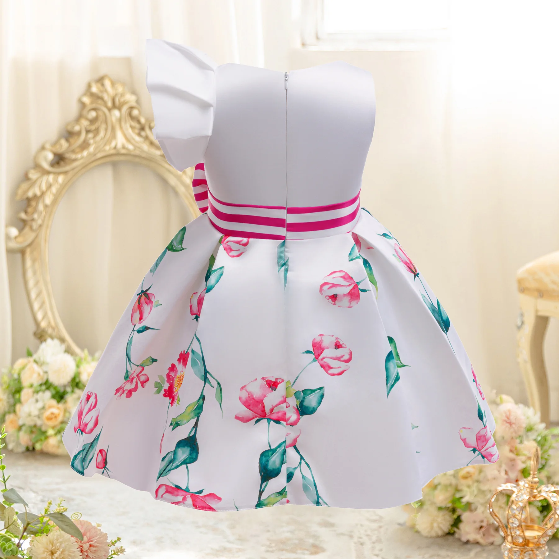 فستان أنيق بفيونكة للفتيات بأكمام طائرة مطبوع عليه زهور فستان الأميرة المنتفخ للأطفال لحفلات أعياد الميلاد وحفلات وصيفة العروس فستان الرضع #2
