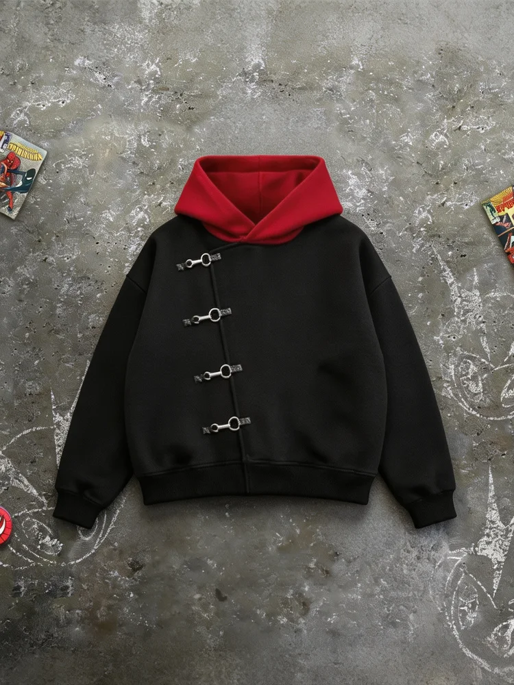 Herbst Winter Damen Goth Streetwear Y2K Ästhetik Kontrast-Kapuze Metallschnallen-Detail Diagonale Vorderseite Übergroßer Kapuzenpullover – Detail 2