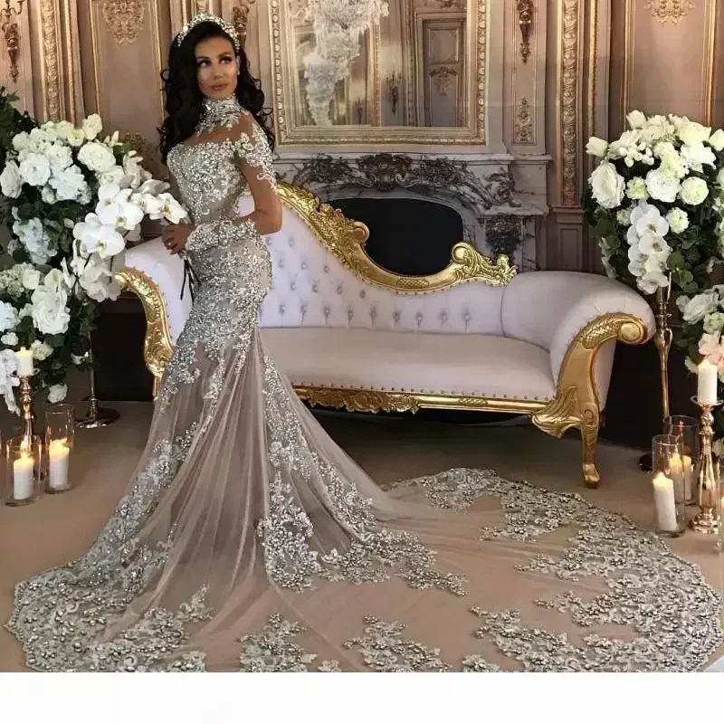 Customized Wedding Dress Luxury Beaded Lace Applique High Neck Illusion Long Sleeve Silver Mermaid Chapel Bridal Gowns